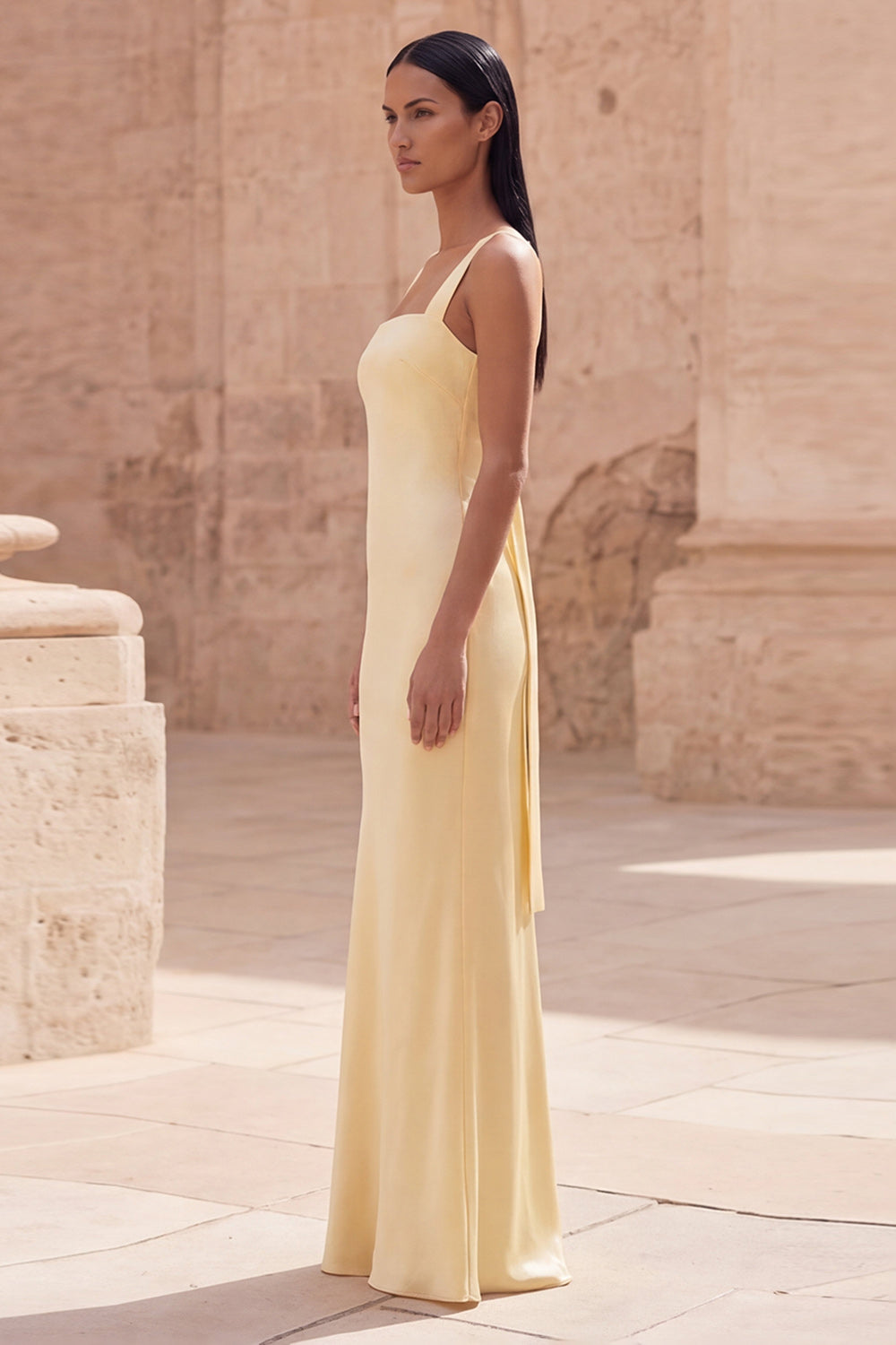 Yellow Spaghetti Straps Sheath Sleeveless Long Satin Dress