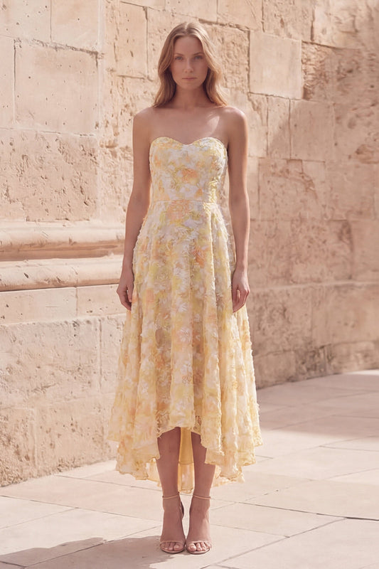Yellow A-Line Sweetheart Midi Floral Dress with Appliques