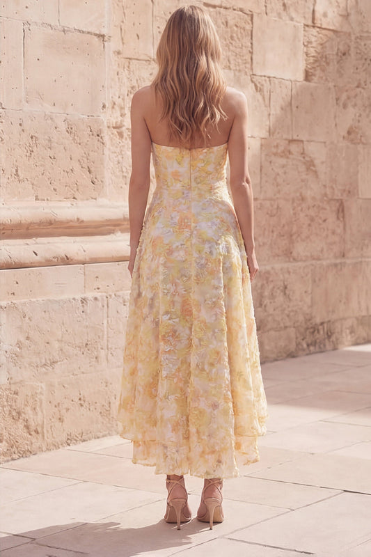 Yellow A-Line Sweetheart Midi Floral Dress with Appliques
