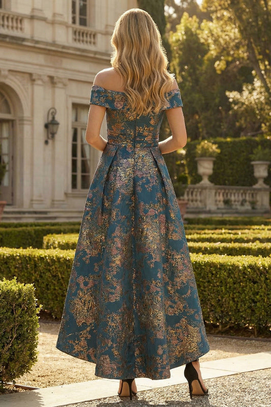 Peacock Blue A-Line Off-the-Shoulder Asymmetrical Floral Formal Dress