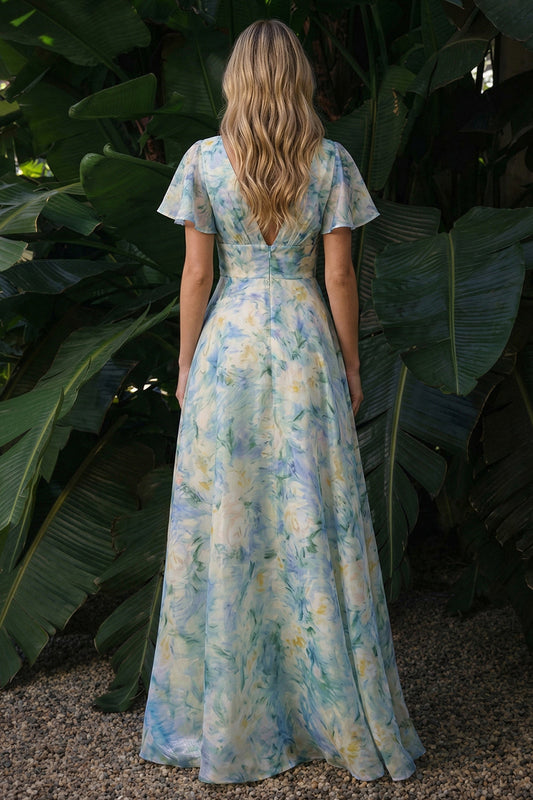Light Green Floral V-Neck A Line Long Formal Dress