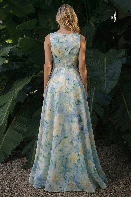 Light Green A Line Boat Neck Floral Long Formal Dress