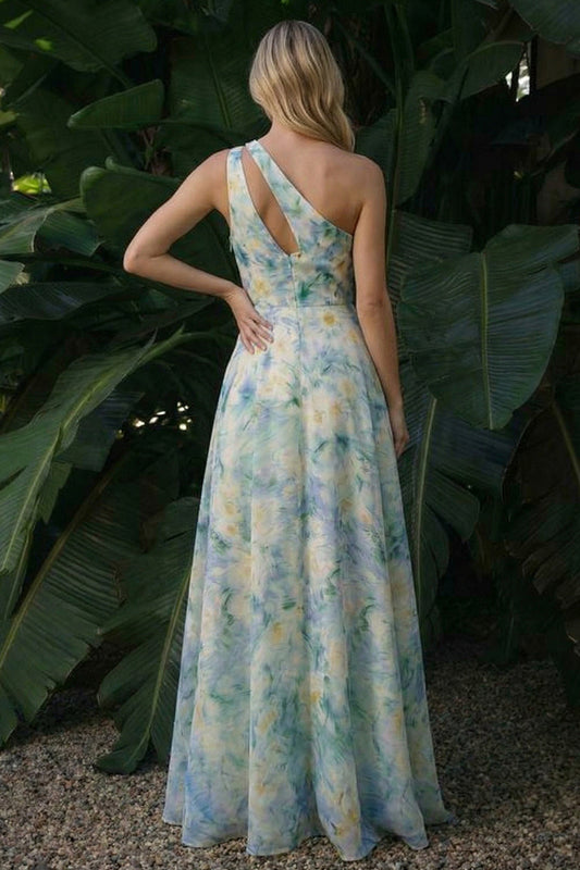 Light Green A Line Cut Out Long Floral Formal Dress with Slit