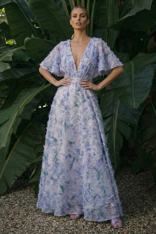 Robe de soirée longue trapèze fleurie violet clair dos nu à col en V