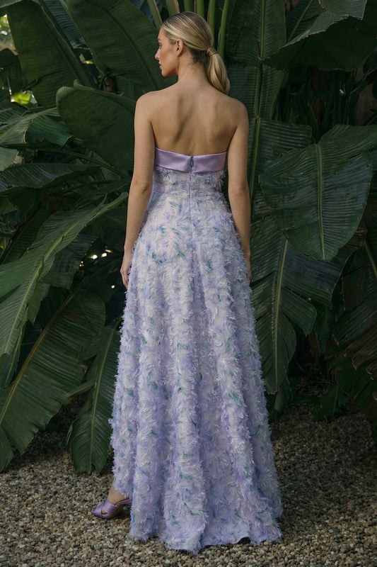 Robe de cérémonie asymétrique trapèze bustier violet clair fleurie
