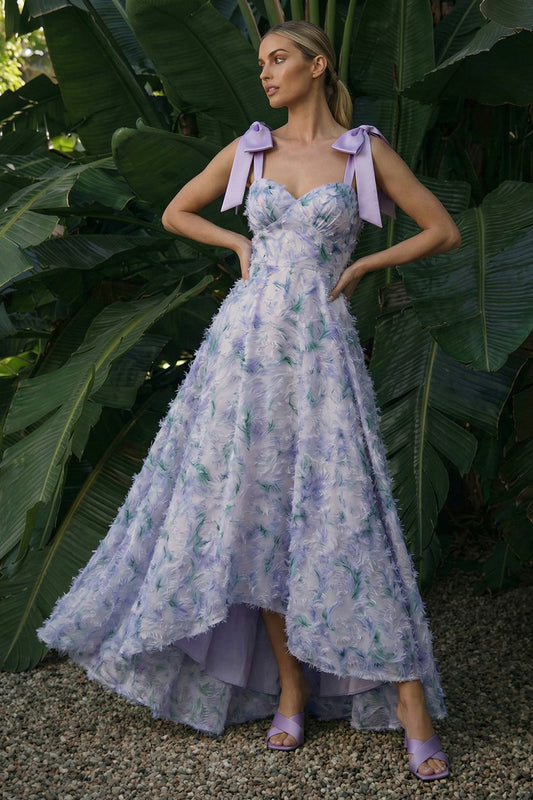 Robe de soirée longue trapèze à fleurs violet clair avec nœuds