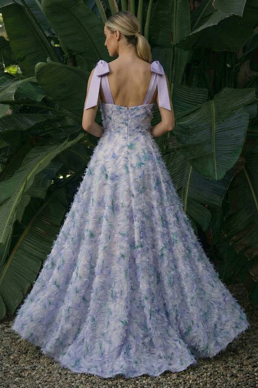 Robe de soirée longue trapèze à fleurs violet clair avec nœuds