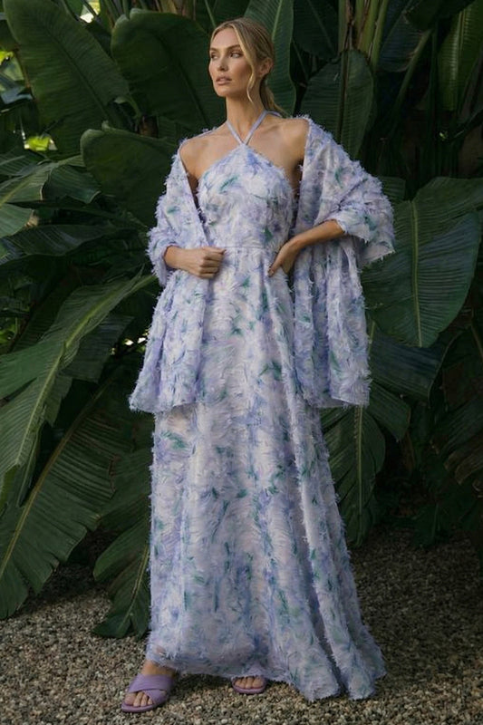 Robe de soirée longue, ligne A, dos nu, licou, à fleurs, violet clair, avec cape