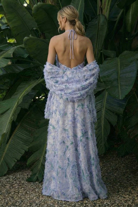 Robe de soirée longue, ligne A, dos nu, licou, à fleurs, violet clair, avec cape