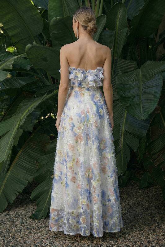 Light Blue A-Line Ruffled Floral Long Formal Dress