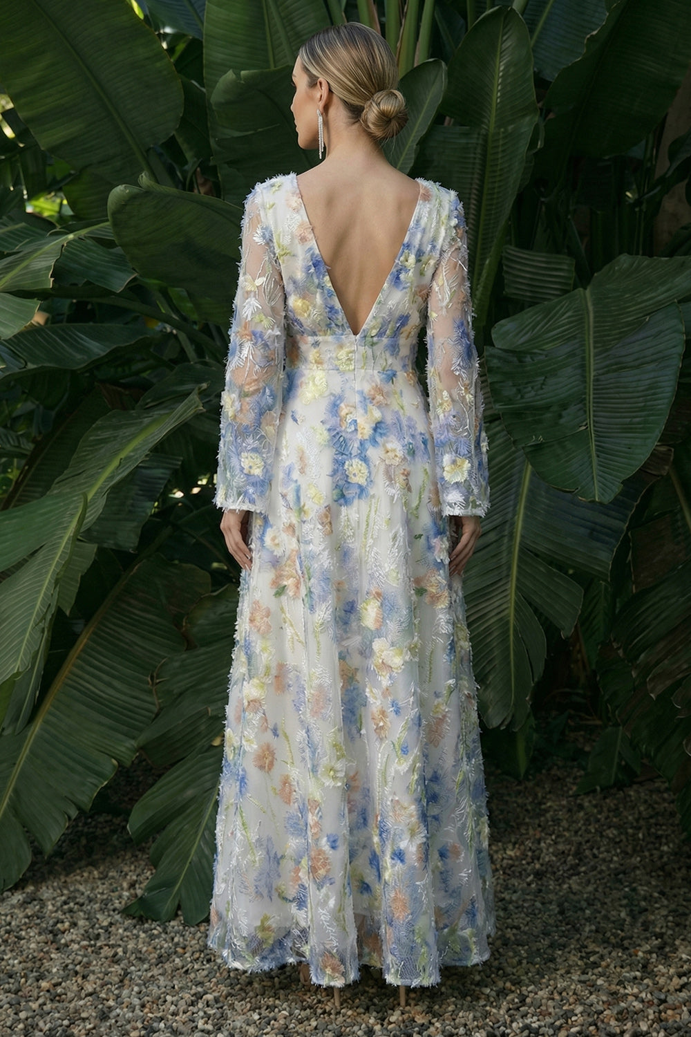 Light Blue A-Line Long-Sleeve Floral V-Neck Formal Dress