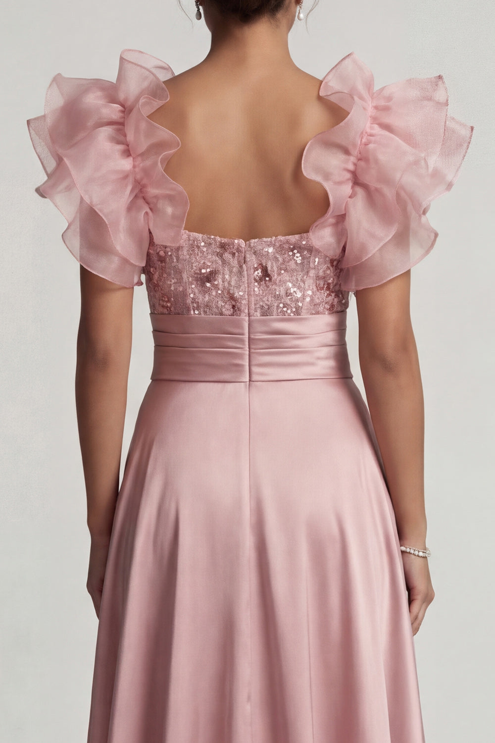 Dusty Rose A Line Ruffled Sequin Long Mother of the Bride Dress with Slit