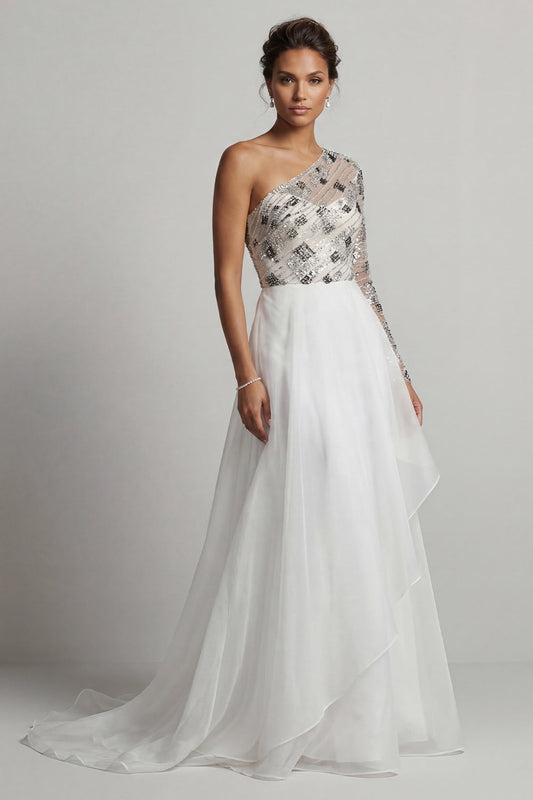 One Shoulder A-Line White Sequin Mother of the Bride Dress