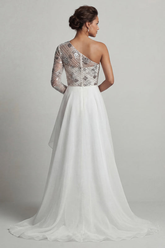 One Shoulder A-Line White Sequin Mother of the Bride Dress