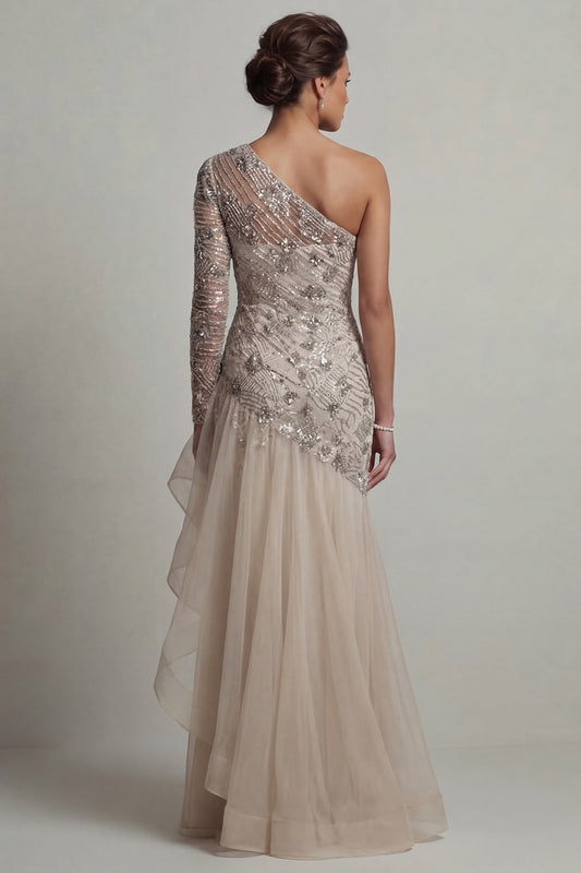 One Shoulder Ruffled Mermaid White Sequin Mother Of the Bride Dress