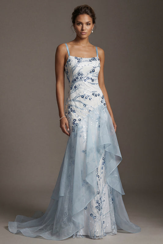 Light Blue Sequin Mermaid Ruffled Mother of the Bride Dress