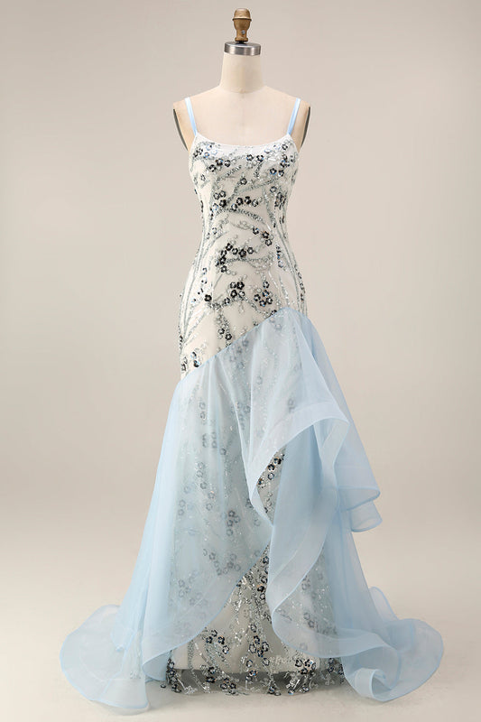 Light Blue Mermaid Sequin Long Prom Dress with Ruffles