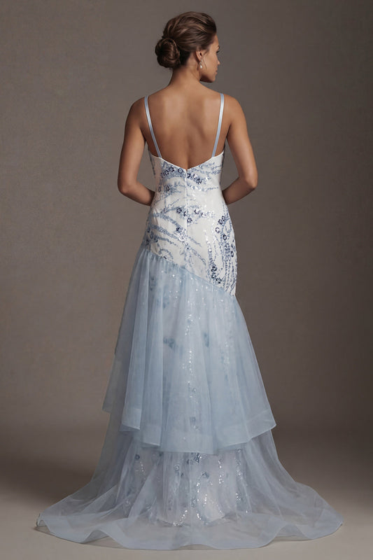 Light Blue Sequin Mermaid Ruffled Mother of the Bride Dress