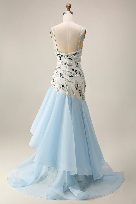 Light Blue Mermaid Sequin Long Prom Dress with Ruffles