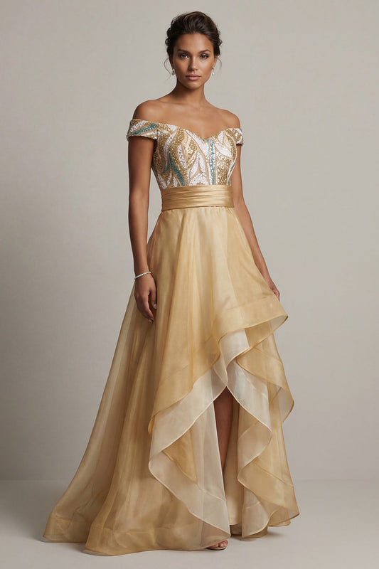 Off-the-Shoulder A-Line Champagne Sequin Mother of the Bride Dress