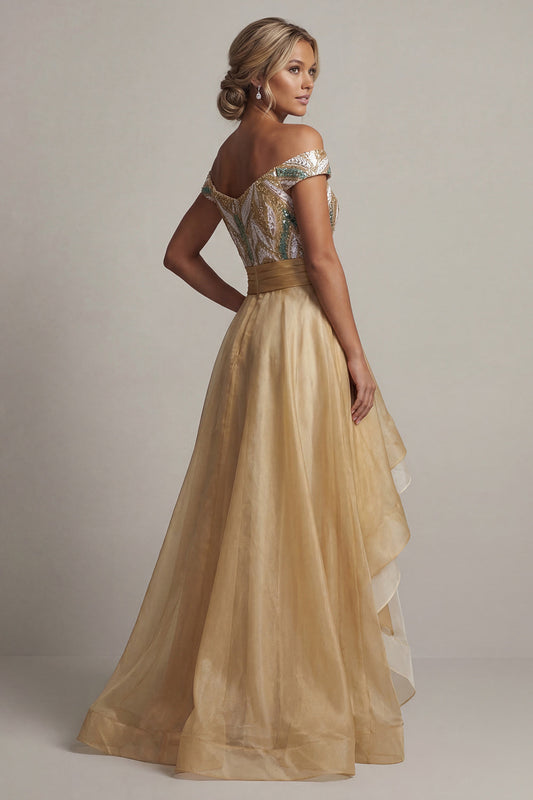 Off-the-Shoulder A-Line Champagne Sequin Mother of the Bride Dress
