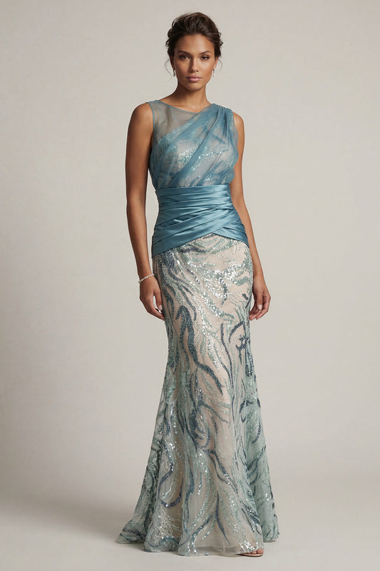 Lake Blue Sequin Mermaid Ruched Mother Of the Bride Dress