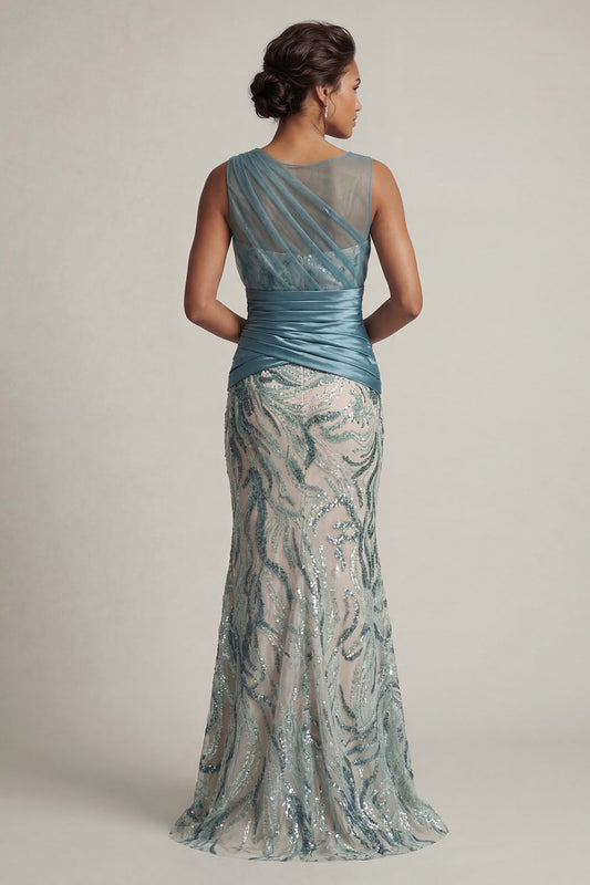 Lake Blue Sequin Mermaid Ruched Mother Of the Bride Dress