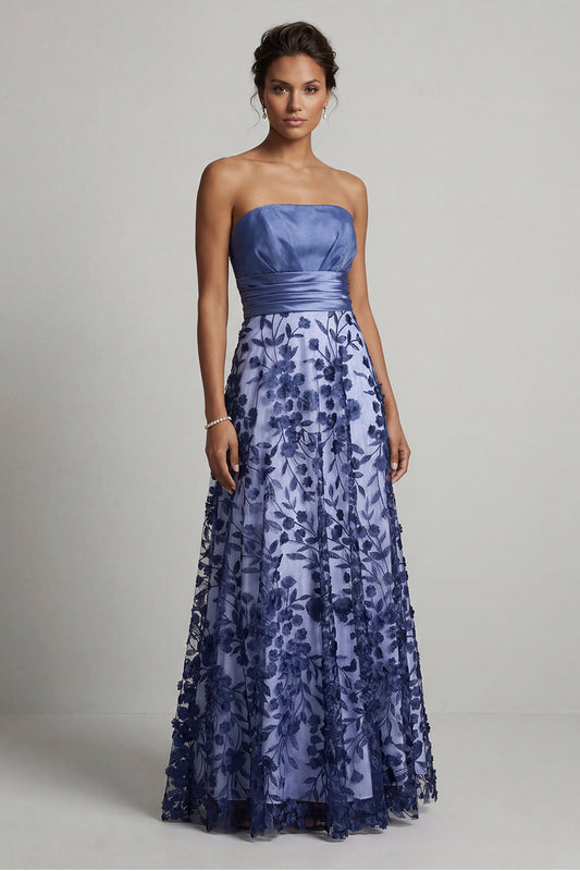 Robe de mariée bustier coupe évasée florale bleu marine pour la mère de la mariée