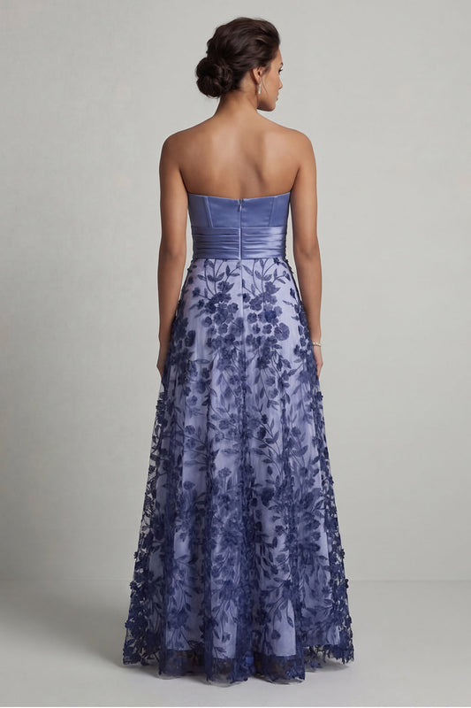 Robe de mariée bustier coupe évasée florale bleu marine pour la mère de la mariée