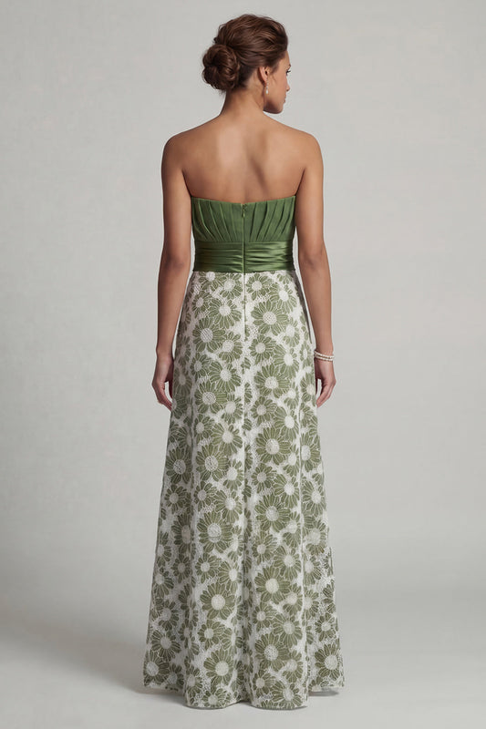 Robe de mère de la mariée trapèze verte florale sans bretelles