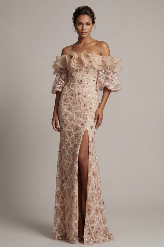 Champagne Off-the-Shoulder Mermaid Sequined Long Mother of the Bride Dress with Slit