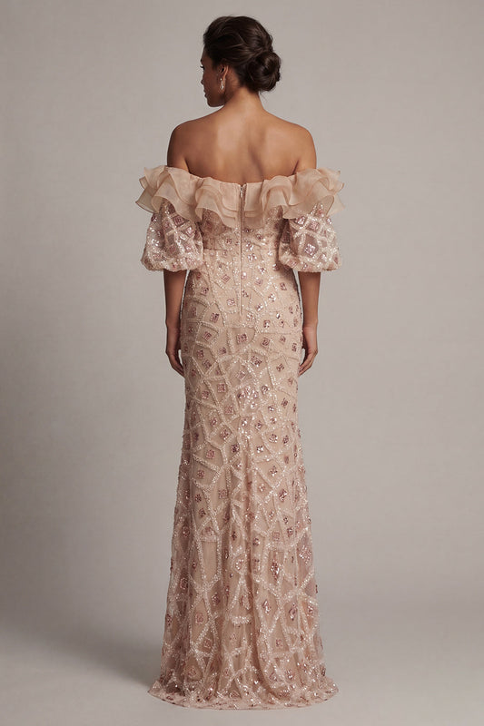 Champagne Off-the-Shoulder Mermaid Sequined Long Mother of the Bride Dress with Slit