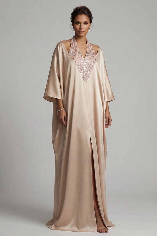 Satin Champagne Halter Neck Sheath Sequins Mother Of the Bride Dress with Slit