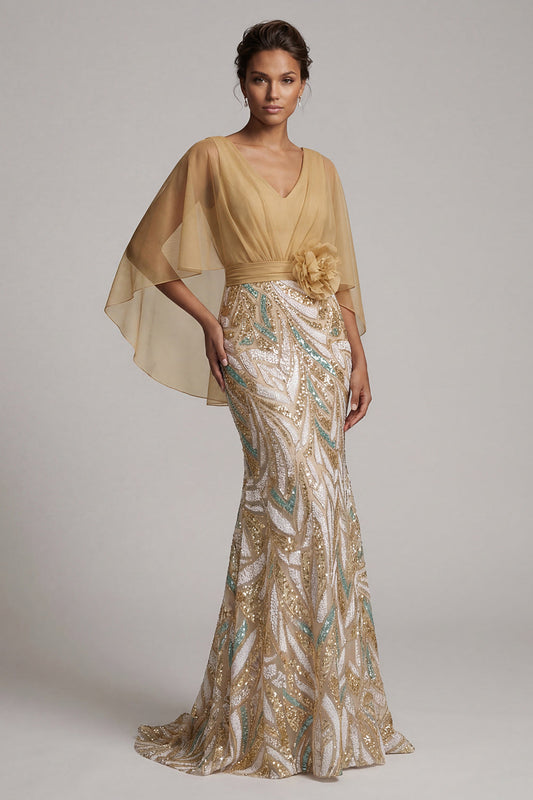 Vestido de noche con cuello en V, lentejuelas de sirena color champán brillante y capa para la madre de la novia