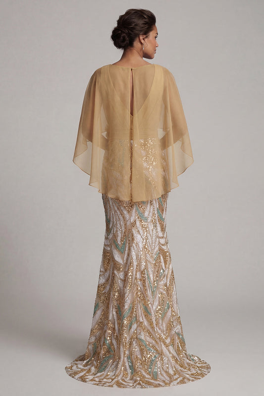 Vestido de noche con cuello en V, lentejuelas de sirena color champán brillante y capa para la madre de la novia