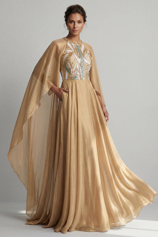 Champagne A-Line Round Neck Sequin Mother of the Bride Dress with Long Sleeves