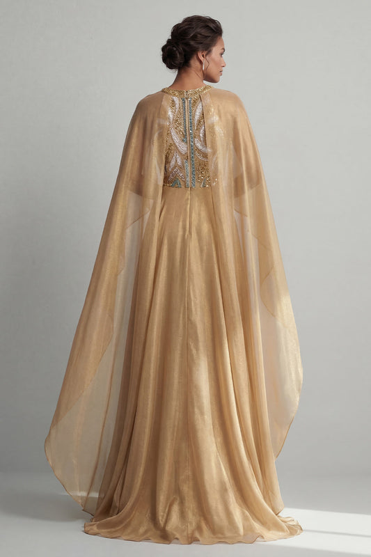 Champagne A-Line Round Neck Sequin Mother of the Bride Dress with Long Sleeves