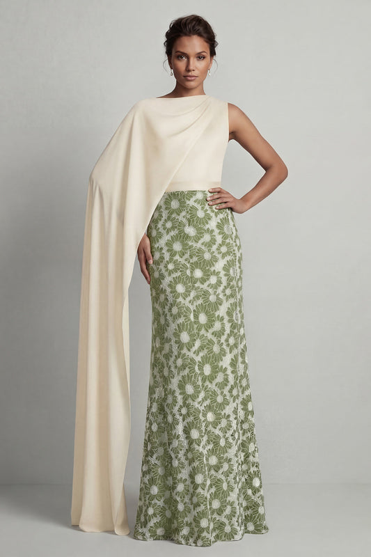 Robe fourreau longue de demoiselle d'honneur à fleurs, col rond, vert, avec cape latérale