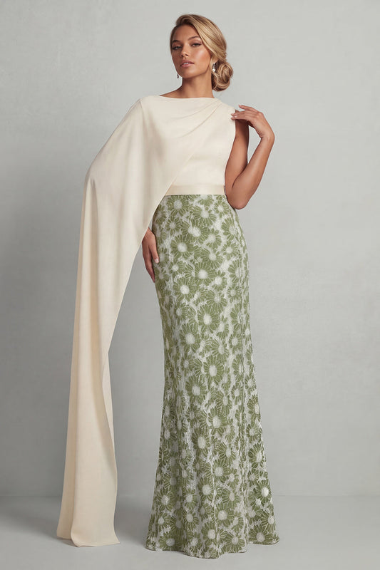 Robe fourreau longue de demoiselle d'honneur à fleurs, col rond, vert, avec cape latérale