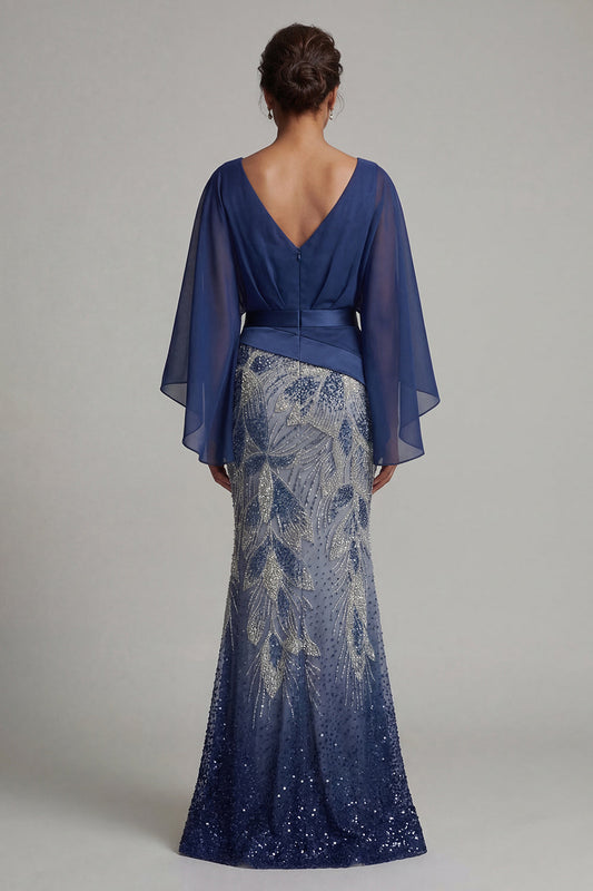 Sparkly Navy V-Neck Mermaid Mother of the Bride Dress with Cape Sleeves