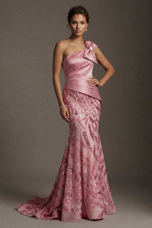 Robe de mère de la mariée sirène rose scintillante à une épaule avec nœud
