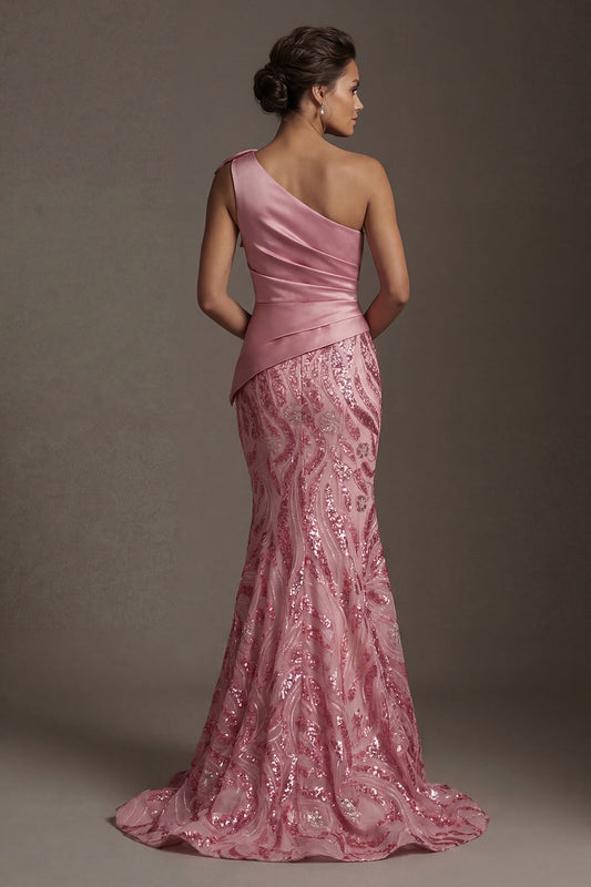 Robe de mère de la mariée sirène rose scintillante à une épaule avec nœud