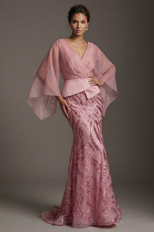 Robe sirène rose à col en V à sequins avec manches cape pour la mère de la mariée
