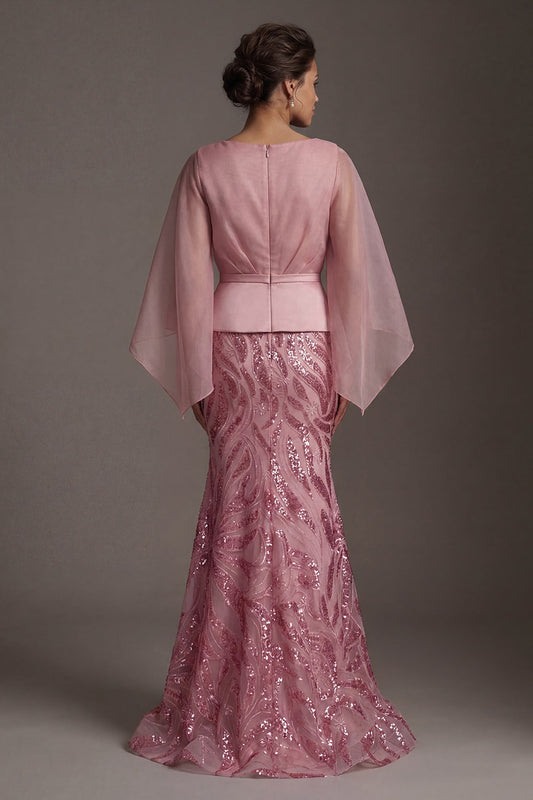 Robe sirène rose à col en V à sequins avec manches cape pour la mère de la mariée