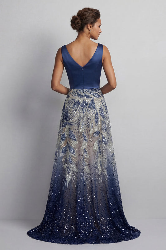 Sparkly Navy V-Neck A-Line Mother of the Bride Dress with Bow
