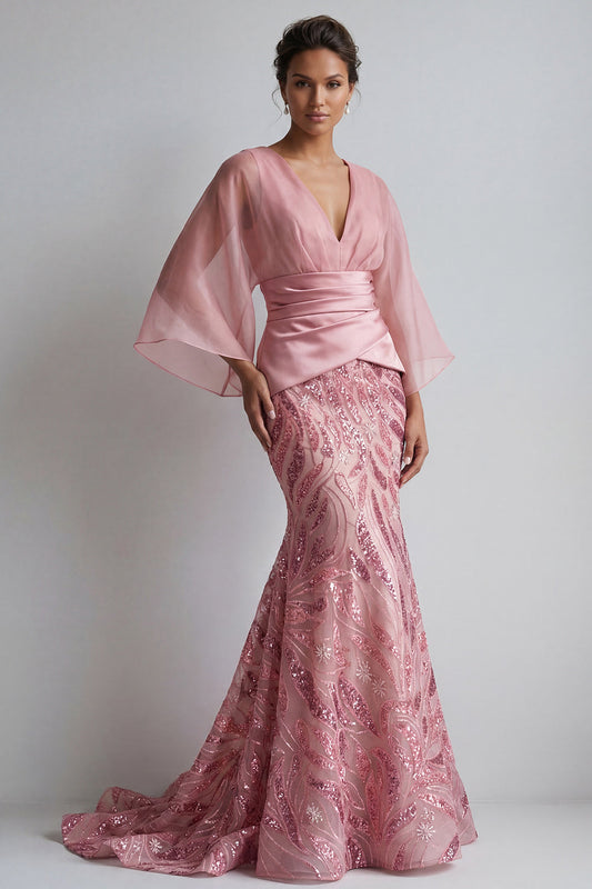 Sparkly Pink V-Neck Mermaid Mother of the Bride Dress with Cape Sleeves
