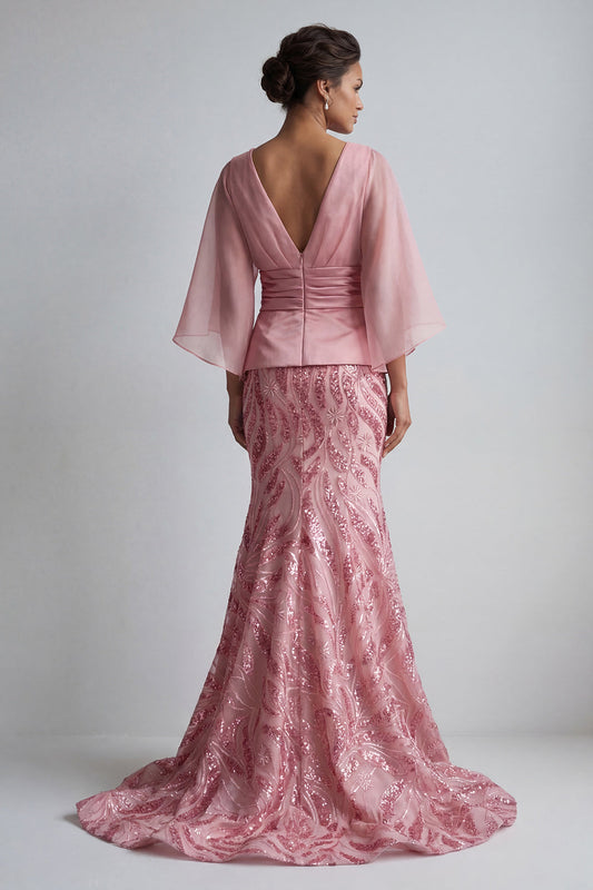 Sparkly Pink V-Neck Mermaid Mother of the Bride Dress with Cape Sleeves