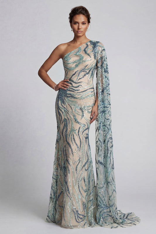 Sparkly One Shoulder Light Blue Mermaid Mother of the Bride Dress with Side Cape