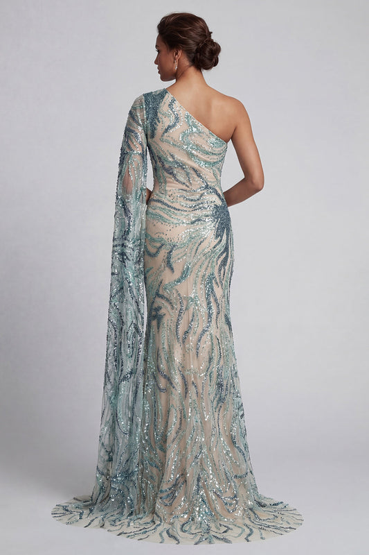 Sparkly One Shoulder Light Blue Mermaid Mother of the Bride Dress with Side Cape