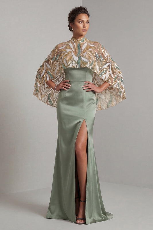Robe sirène en satin vert clair pour mère de la mariée avec cape détachable